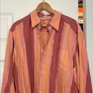 EUC! Tommy Bahama Men's Striped Red/Orange linen Shirt.  Large.